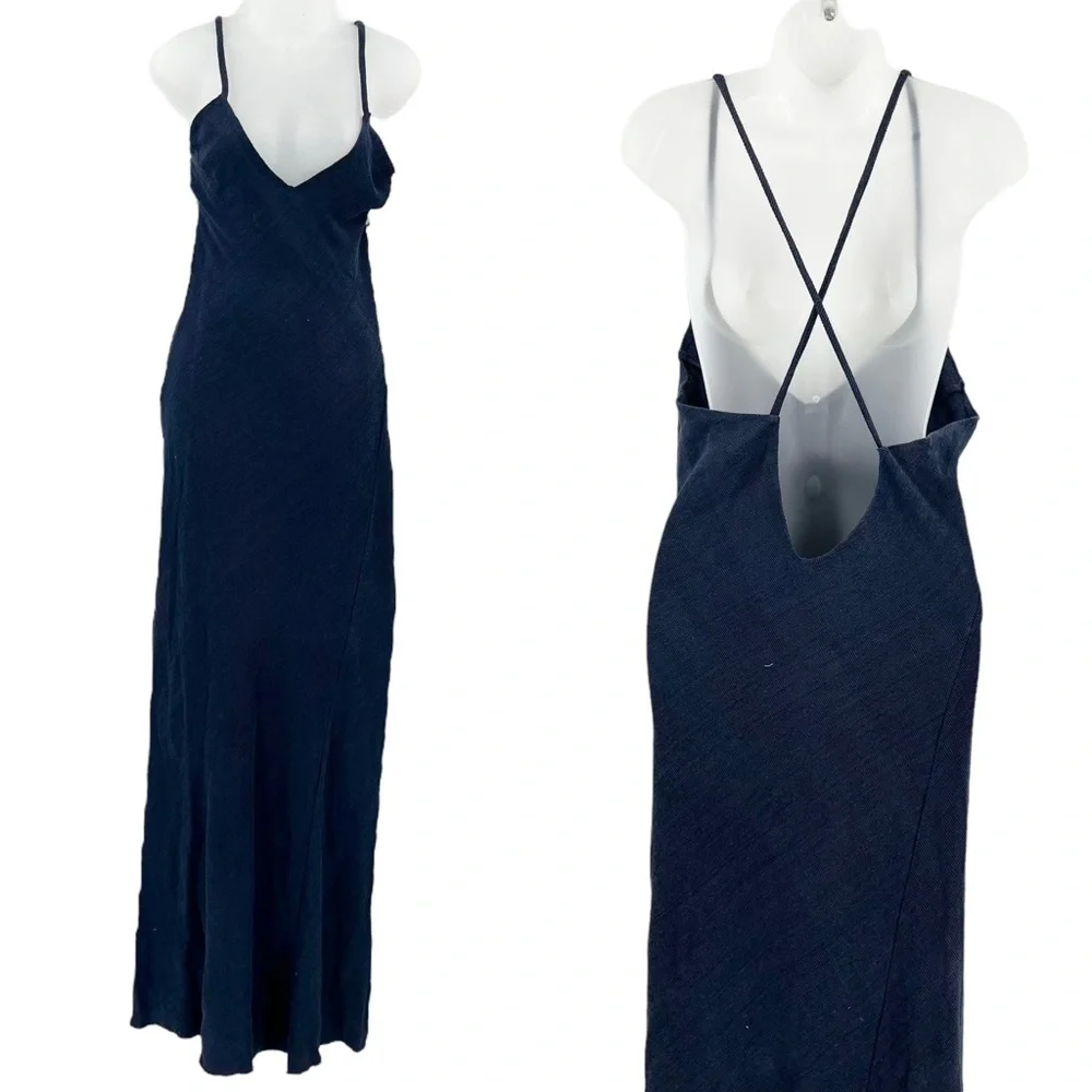 SAVANNAH MORROW Maxi Dress Indigo Navy Blue Woven V-Neck Sample Size Medium NEW